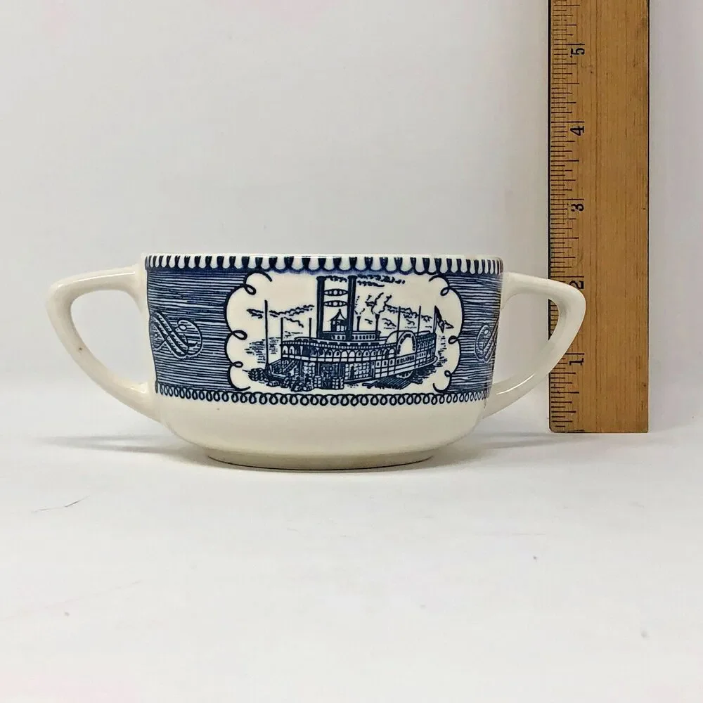 Currier & Ives Creamer Sugar Vintage Royal China Train River Boat Scene USA